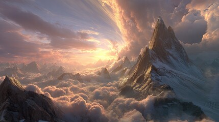 Majestic Mountain Peaks Above Clouds At Sunset