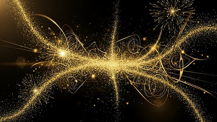 Abstract golden particles and light trails swirling against a dark background, creating a sense of energy and motion.