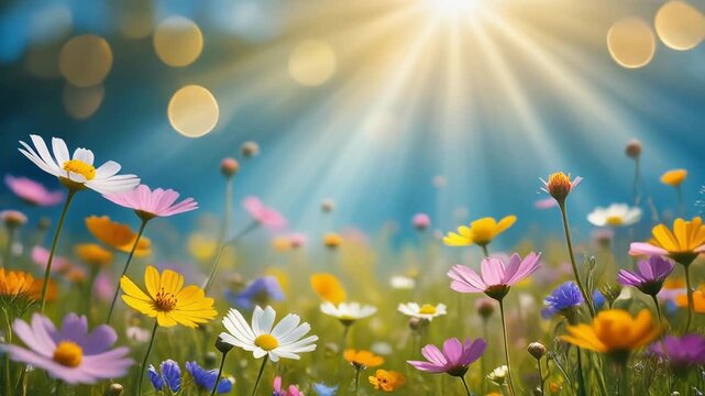 Colorful flower meadow with sunbeams and blue sky and bokeh lights in summer - nature backg.