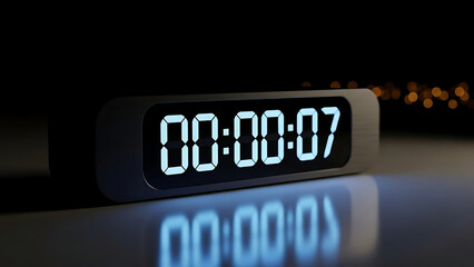 A digital clock displaying 00:00:07 with a reflection on a dark surface.