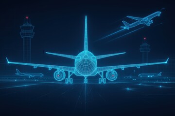 Aerospace Blueprint: A futuristic depiction showcases aircraft, tower, and tarmac components illuminated with a luminous blue grid, highlighting the advanced engineering of aviation. 