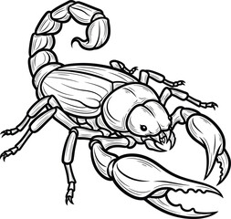 Detailed black and white line art of a scorpion in an aggressive pose with a curved stinger tail and open claws.