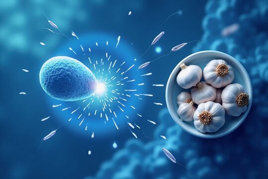 Garlic Extract Blocking Sperm Fertilization Concept with Cellular Biology and Natural Contraception Illustration