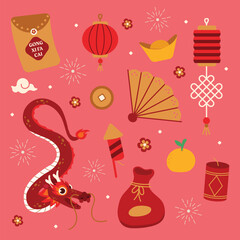 Cute Chinese New Year scene icon, perfect for cultural events, decorations, or illustrating colorful, symbolic, and festive celebration visuals.