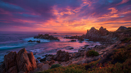 Dramatic coastal sunset illuminates rugged rock formations and vibrant magenta clouds over the restless ocean waves