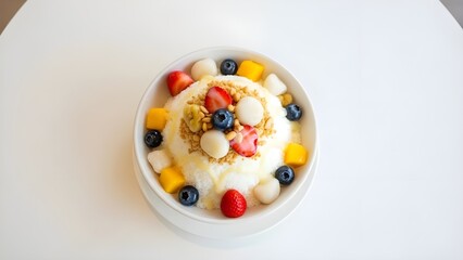A vibrant bowl of Korean shaved ice dessert (Bingsu) topped with fresh strawberries, blueberries, mango cubes, and mochi balls on a white table.