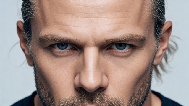 Face of bearded Caucasian man with impressive sharp blue eyes