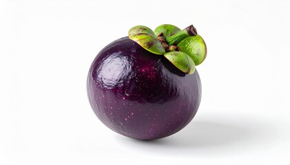 Mangosteen fruit closeup with fresh green sepals isolated on a white background, suitable for food and healthrelated designs.mangosteen, fruit, green, sepals, background, white, fresh, tropical, juicy