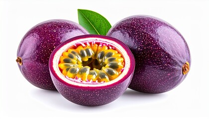 Two whole and halved passion fruit with a leaf, vibrant and fresh, perfect for food blog, recipe book, or tropical themes.
