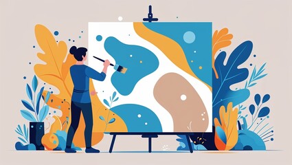 Abstract Art Creation: A Female Artist Painting a Vibrant Canvas