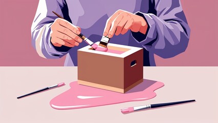 Artistic Hands Crafting Pink Resin in a Wooden Box