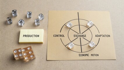 Visual representation of business concepts showing production, exchange, control, adaptation, and economic motion with dice and notes