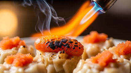 Flaming Torch Cooking Gourmet Dish Closeup.