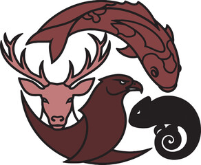 Circular Wildlife Animal Logo Vector With Deer Bird Lizard and Chameleon Design