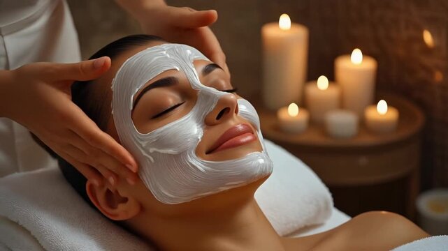 Luxurious Spa Interior with Client Enjoying Facial Mask in Candlelit Ambiance