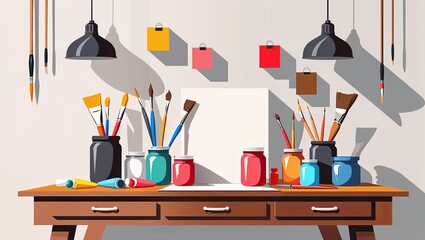 Artist's Workspace: A Vibrant Still Life of Painting Supplies