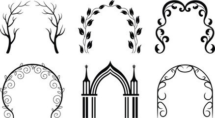 Decorative arch frame collection with floral vines, tree branches and ornamental curves, elegant silhouette doorway borders vector illustration set © SREECHNA