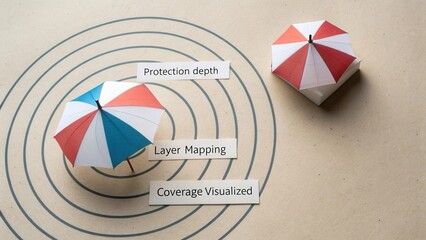 Visual Representation of Protection Depth and Layer Mapping with Paper Umbrellas on a Brown Background