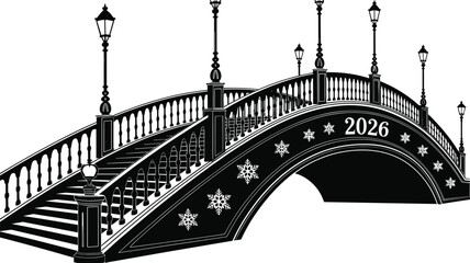 Elegant arched bridge vector illustration with street lamps and snowflakes, winter city architecture design, 2026 celebration concept in black silhouette style