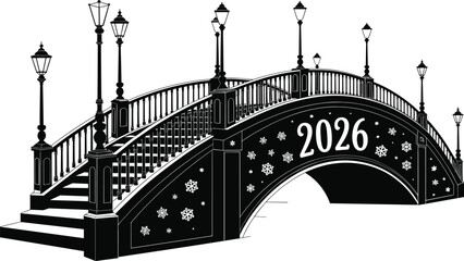 Elegant arched bridge with street lamps and snowflakes 2026 vector illustration, winter city architecture silhouette design for holiday and celebration themesElegant arched bridge with street 