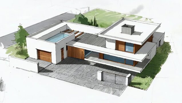 Modern house design with pool and garden