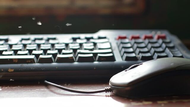 Dusty keyboard and mouse on wooden desk, old technology, dirty, computer, indoor