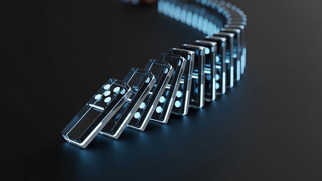 Close-up of a chain reaction of dominoes falling in a line, illuminated by a subtle blue glow on a dark background