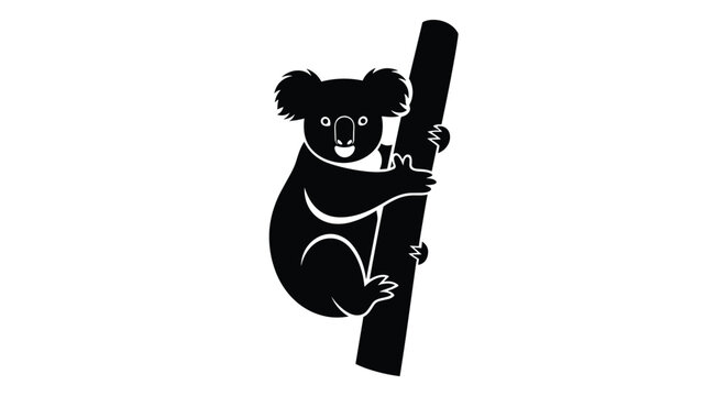 Simple black silhouette vector illustration of a cute koala bear climbing on a eucalyptus tree branch, isolated on white.
