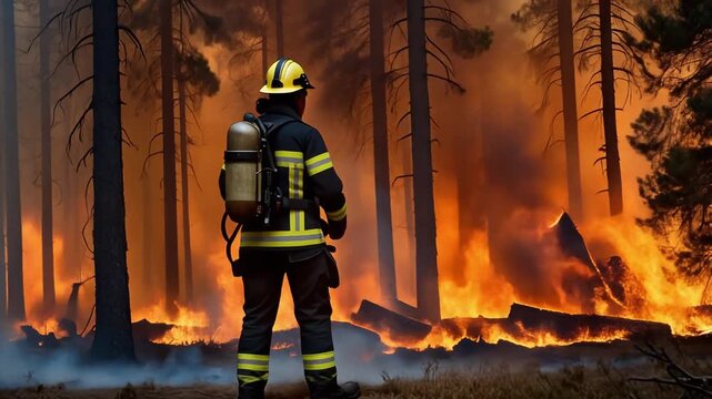 Silhouetted Firefighter Against Intense Forest Blaze with Rising Smoke