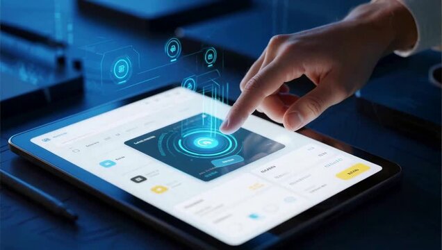 Hand interacting with futuristic tablet interface