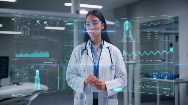 A doctor engages with holographic displays while monitoring patient data and health metrics 