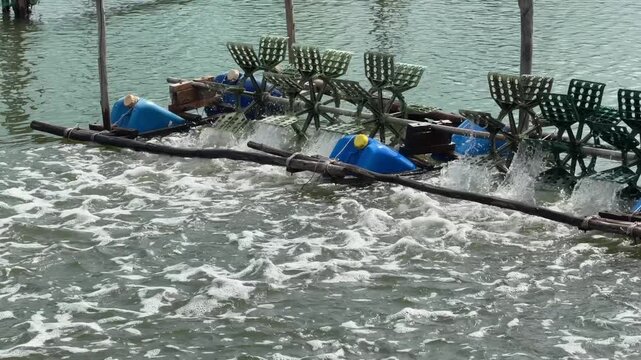 Wide view of aerator floats turning across the pond with smooth waves spreading toward the netted fence lines. Aquaculture pond.