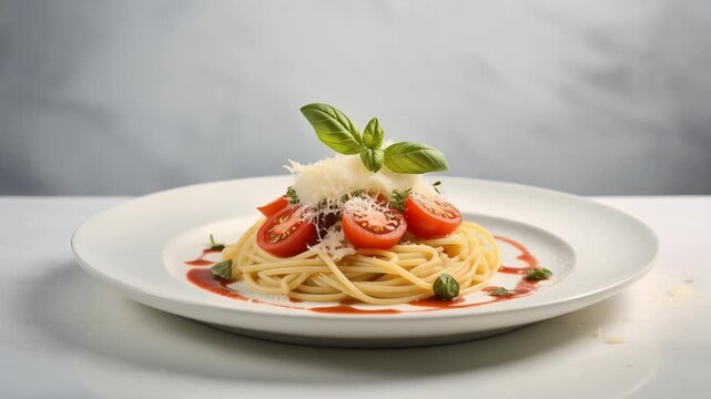 A gourmet dish of pasta topped with cherry tomatoes, basil, and parmesan cheese,