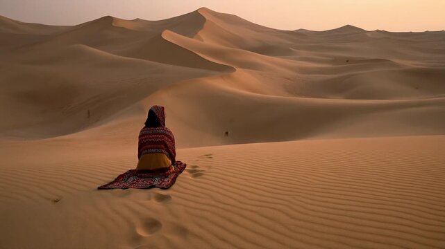 a lonely nomad in the desert landscape with dunes and patterns of sand