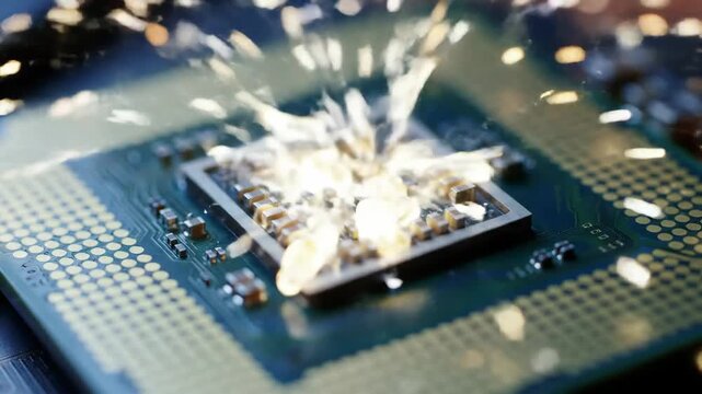 Close-up of a malfunctioning computer CPU with sparks, technology failure, overheating, and high-tech problems concept.