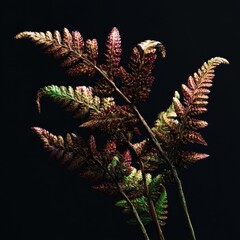 Detailed close-up of vibrant fern fronds in shades of brown, reddish-purple, and green against a stark black background