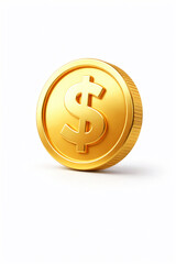 Shiny 3D gold dollar coin icon on white background