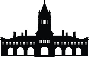 Obraz premium Historic gothic castle building silhouette vector illustration, classic European architecture with tower arches and windows, medieval landmark facade isolated design