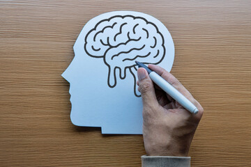 A hand draws a melting brain on a paper cutout of a human head. Brain rot, cognitive decline, mental exhaustion, burnout, stupidity concept.