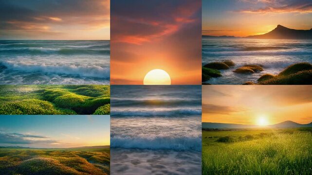 Abstract montage of diverse natural elements ocean waves sunset sky moss grass and rural lan