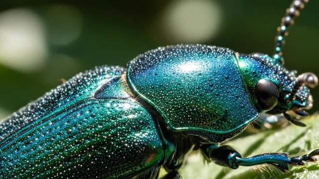 Close-up jewel-toned beetle on leaf, sunlit green background for nature, science uses