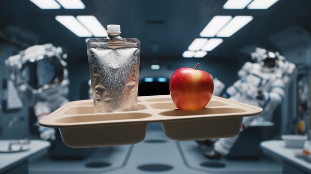 Close Up of Space Food Consisting of Red Apple and Juice, in a Spaceship