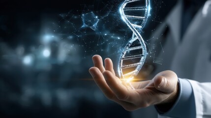 Doctor analyzing dna helix hologram projection in advanced medical research lab high-tech environment gigapixel clarity