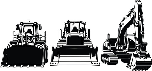a detailed black and white illustration showcases three different heavy construction vehicles side by side including a loader bulldozer and excavator
