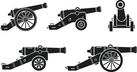a collection of vintage black silhouette cannons in various perspectives and positions illustrating historical artillery weaponry designs high quality professional detailed