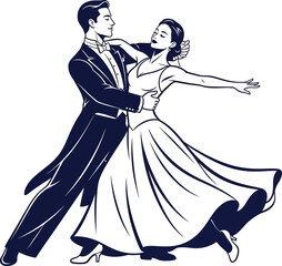 a striking black and white illustration depicts a formally dressed couple elegantly engaged in a ballroom dance pose showcasing grace and movement