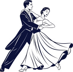 a vintage style illustration depicts a couple elegantly embracing in a ballroom dance pose showcasing classic fashion and movement high quality