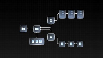 Project management workflow digital file. management system network diagram with users, folders, tasks, and file validation steps.