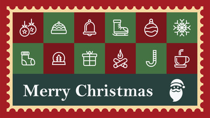 Vintage vector set of Christmas stamps and icons featuring aged postage postmarks and canceled paper textures for retro mail correspondence and philately hobby collections