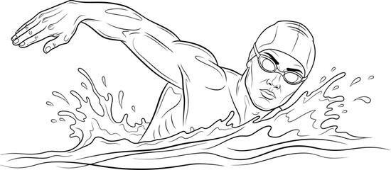 a detailed line drawing depicts a swimmer in action propelling through water with a freestyle stroke showcasing athletic form and motion